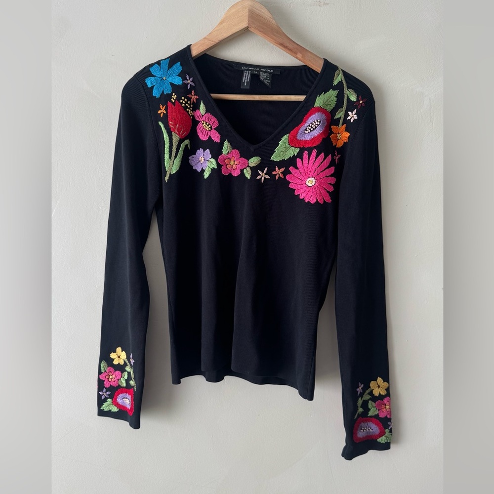 Michelle Nicole Black Long Sleeve V-Neck Top Multicolor Floral Embroidery 601